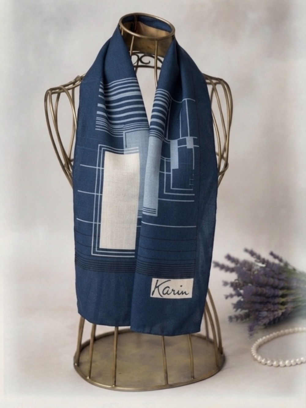 Vintage Karin Geometric Scarf | Mid-Century Modern Blue & White
